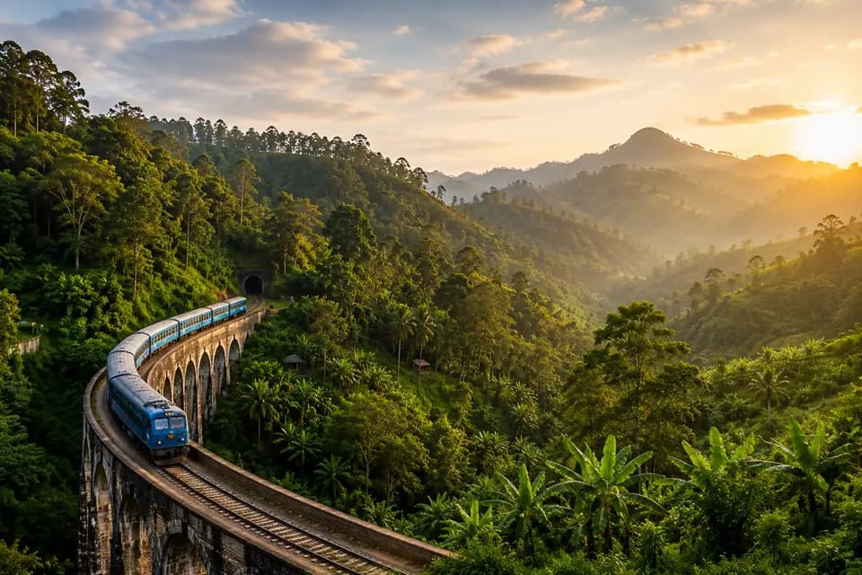 Train crossing Nine Arch Bridge in Ella, Sri Lanka