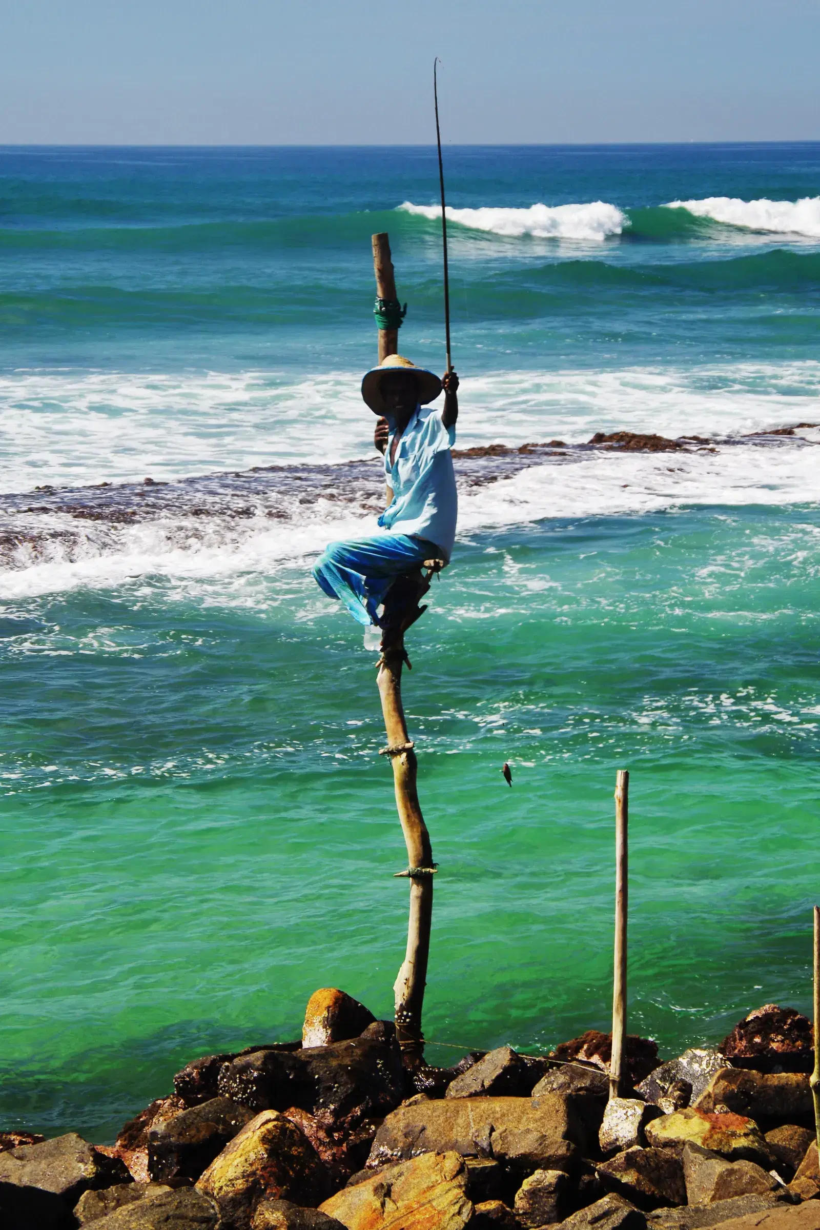 A stilt fisherman balanced on his pole at Weligama